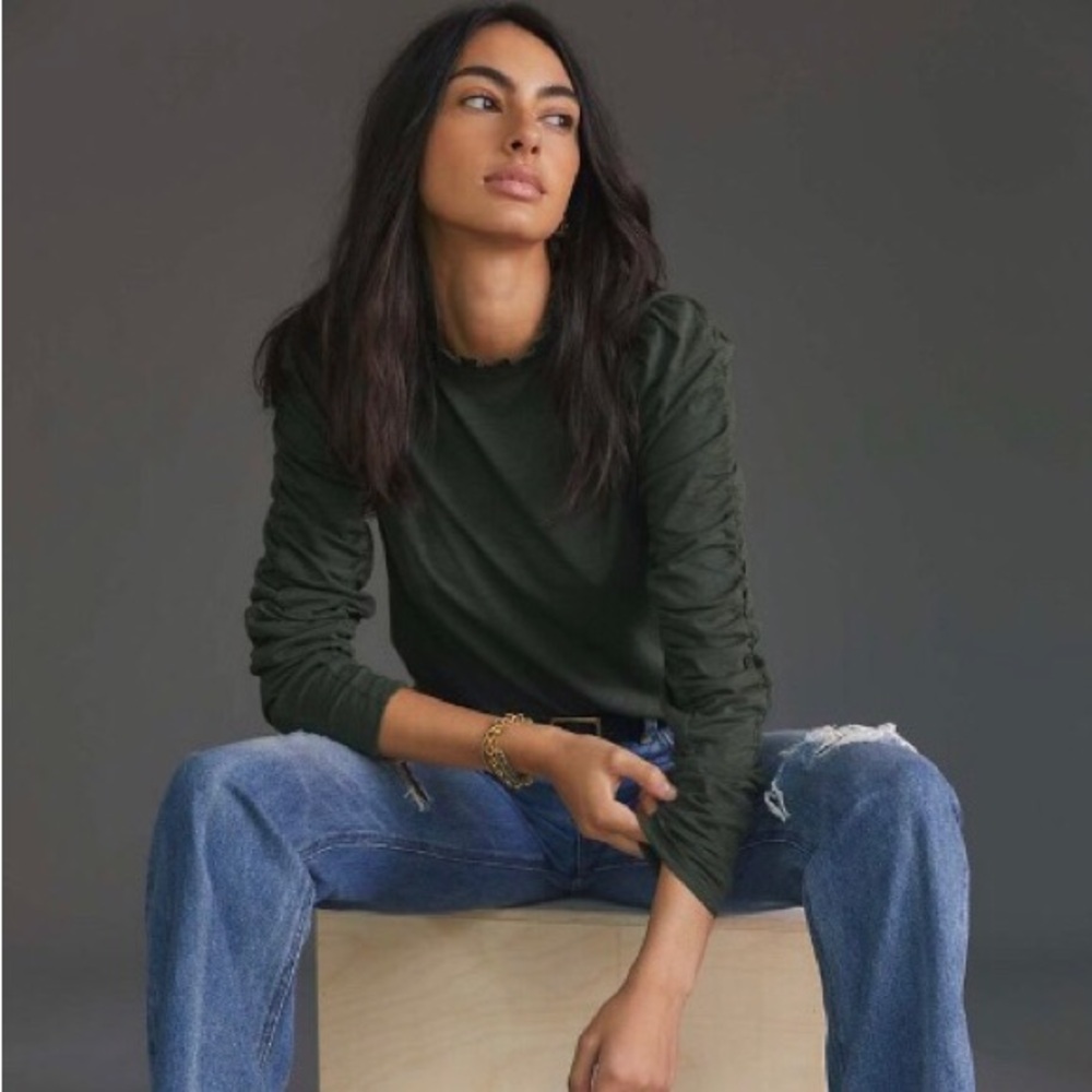 Anthropologie dark green ruched long sleeve top size small New with Tag